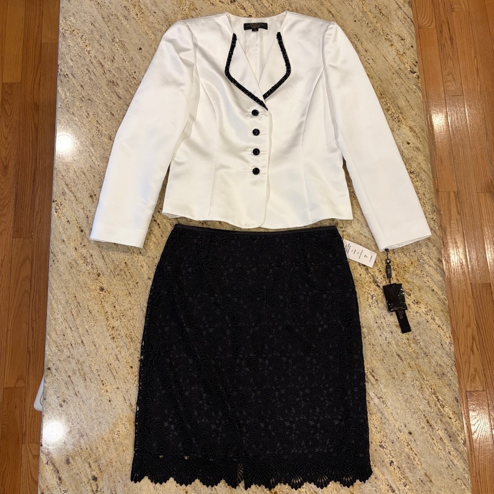 NWT Tahari Luxe 8P Petite Skirt Suit Ivory Black Beaded Lace Madison Set $320 - Picture 2 of 7